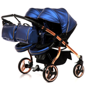 Junama Twin Stroller Diamond FLUO Blue Leather Rose Gold Frame and Black Carrycot