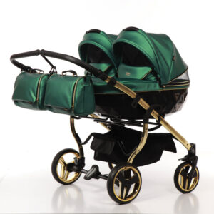 Junama Twin Trio Diamond FLUO Green Leather Gold Frame and Black Carrycot