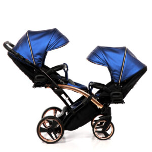 Junama Twin Stroller SLIM Diamond FLUO Blue Leather Rose Gold Frame and Black Carrycot