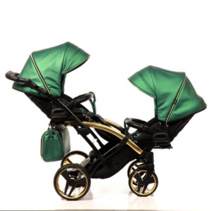 Junama Twin Trio SLIM Diamond FLUO Green Leather Gold Frame and Black Carrycot